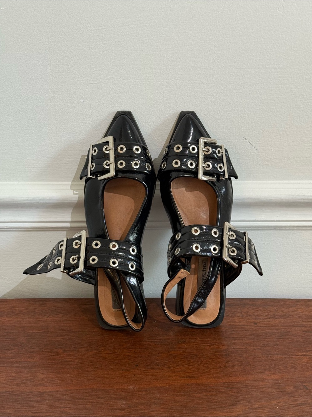 Black Patent Double Buckle Grommet Flats Size 6.5